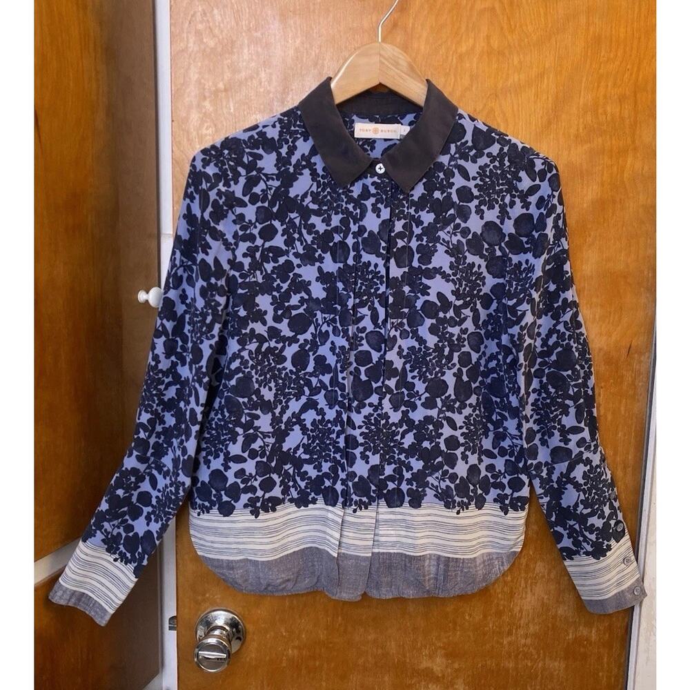 TORY BURCH Navy Blue BOTANICAL PRINT SILK Twill Button Down Blouse Top Sz 2